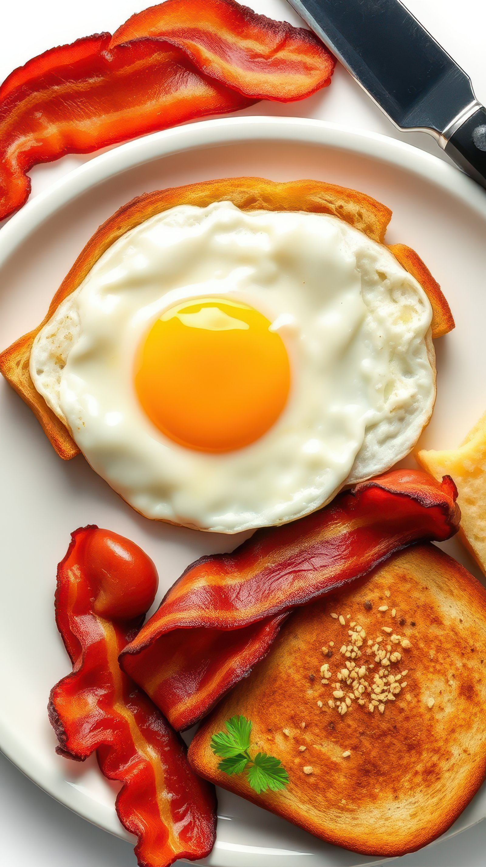 Delicious breakfast plate featuring fried egg, crispy bacon, and toast arranged artfully on a white plate at a cozy kitchen table